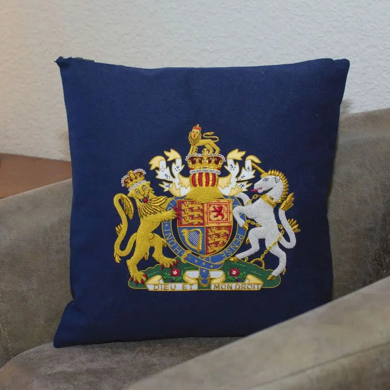 Royal Coat of Arms Hand Embroidered Military Cushion Cover Blues and Royals wyedean